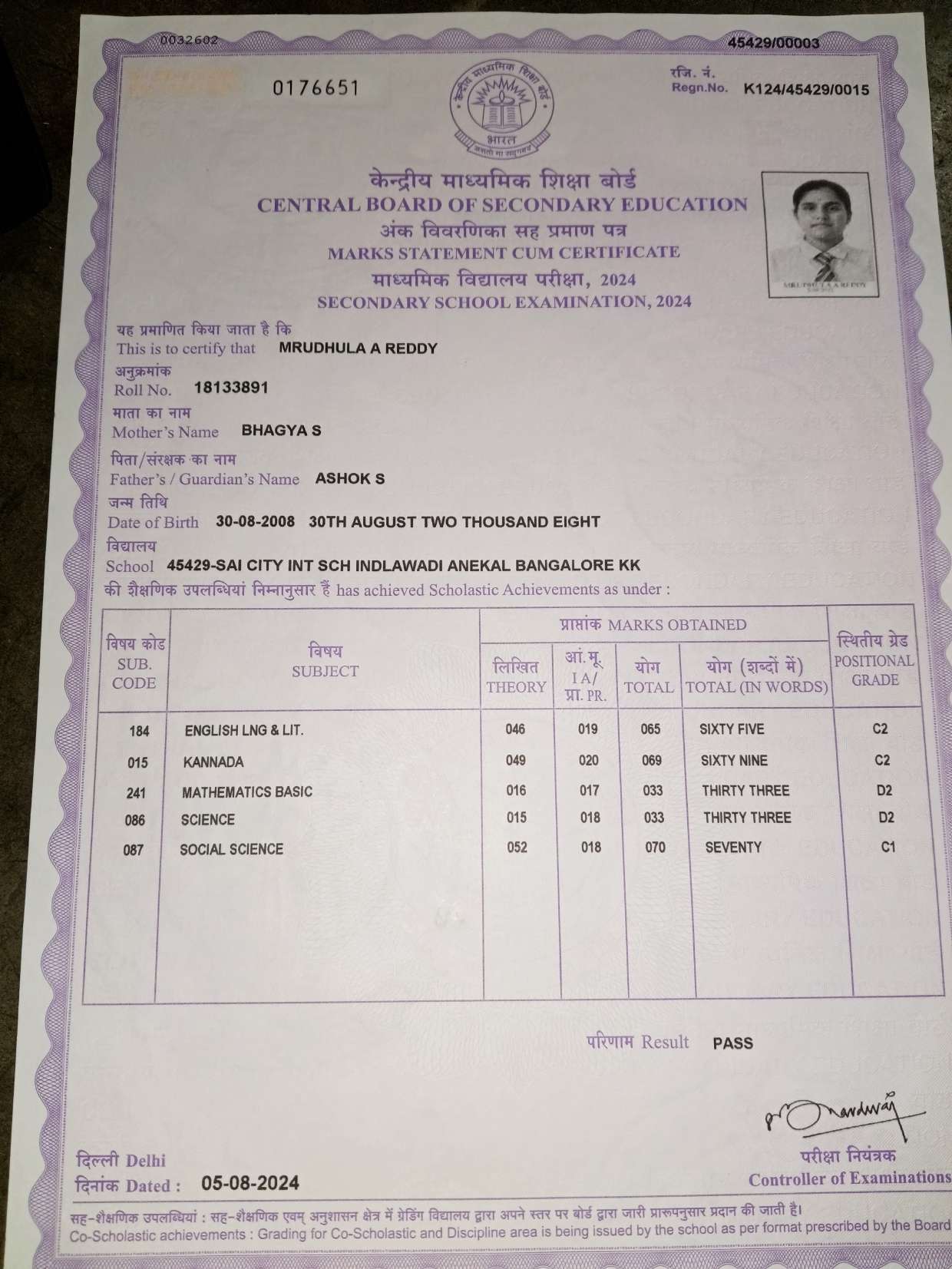 CBSE Marksheet • Born on 30th August 2008